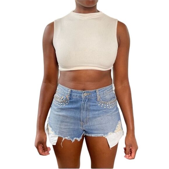Love Culture Silver Stud Blue Jean Distressed Cutoff Shorts - Picture 1 of 17